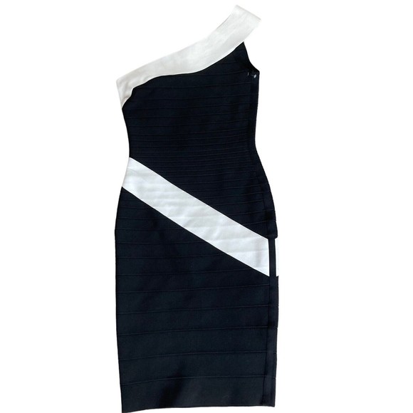 Dress the Population Size Small One Shoulder Black White Bodycon Mini Dress NWOT - Picture 1 of 8